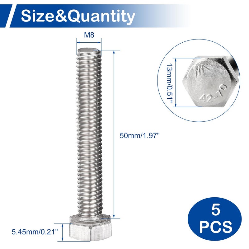 MroMax 5Pcs M8-1.25 Hex Bolts, M8 x 50mm Hex Head Screws Bolts, 304 Stainless Steel 18-8, Fully Threaded, External Hex Drive, for Mounting Chair, Rail, Wheels, Boat and Plastic Bumpers - Image 3